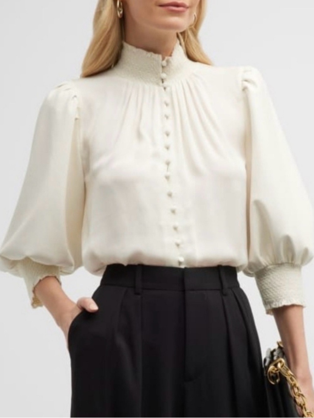 Alice + Olivia Ivory Smocked High-Neck Leather Puff-Sleeve Blouse